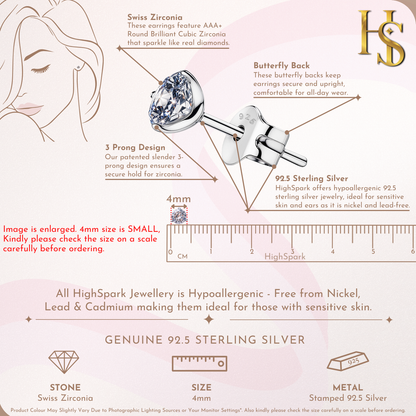 Solitaire Stud Earrings in 92.5 Silver - Sparkling Martini by HighSpark - Sparkling Swiss Zirconia in Martini Style 3 Prong Setting HighSpark
