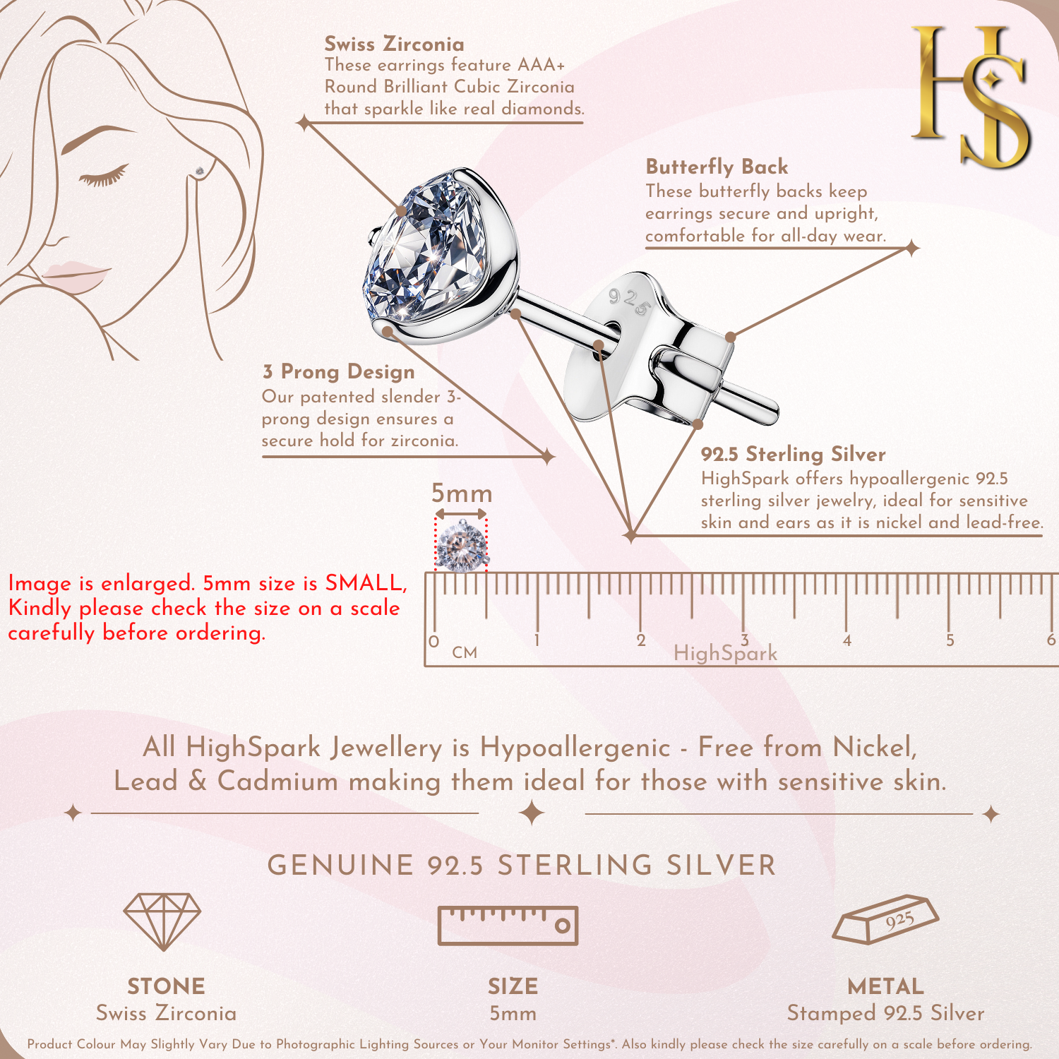 Solitaire Stud Earrings in 92.5 Silver - Sparkling Martini by HighSpark - Sparkling Swiss Zirconia in Martini Style 3 Prong Setting HighSpark