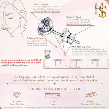 Solitaire Stud Earrings in 92.5 Silver - Sparkling Martini by HighSpark - Sparkling Swiss Zirconia in Martini Style 3 Prong Setting HighSpark