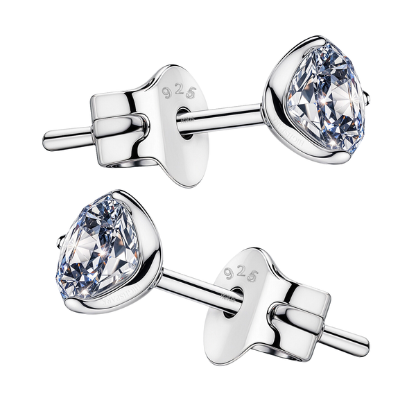A pair of love spark silver studs with round American diamonds in a three-prong martini setting.