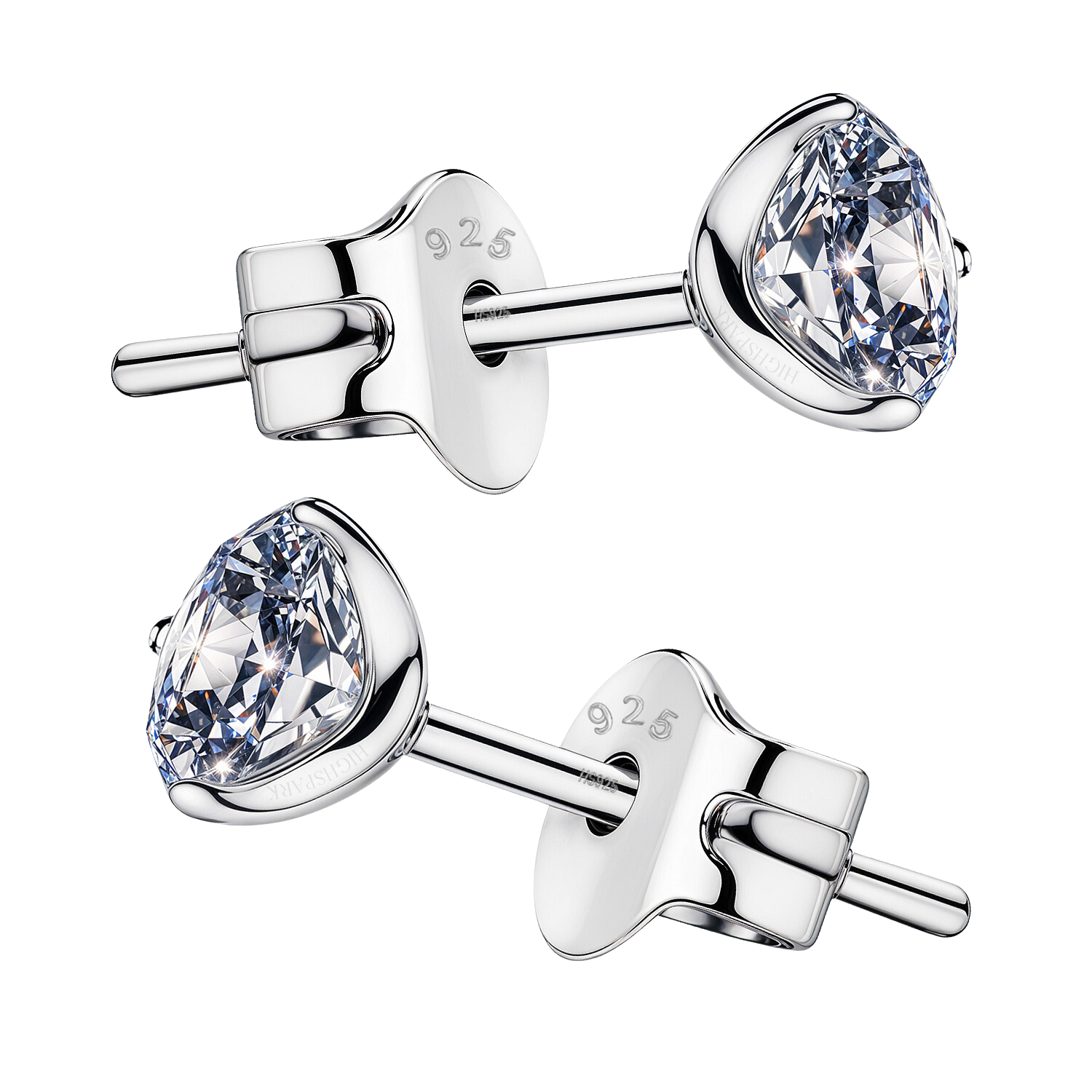 A pair of love spark silver studs with round American diamonds in a three-prong martini setting.
