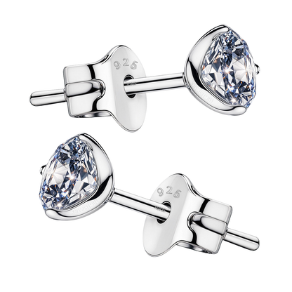 A pair of love spark silver studs with round American diamonds in a three-prong martini setting.