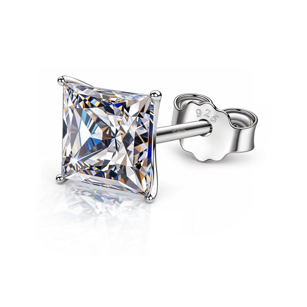 A single solitaire stud earring for men features a square American diamond in a four-prong setting, crafted from 925 sterling silver.