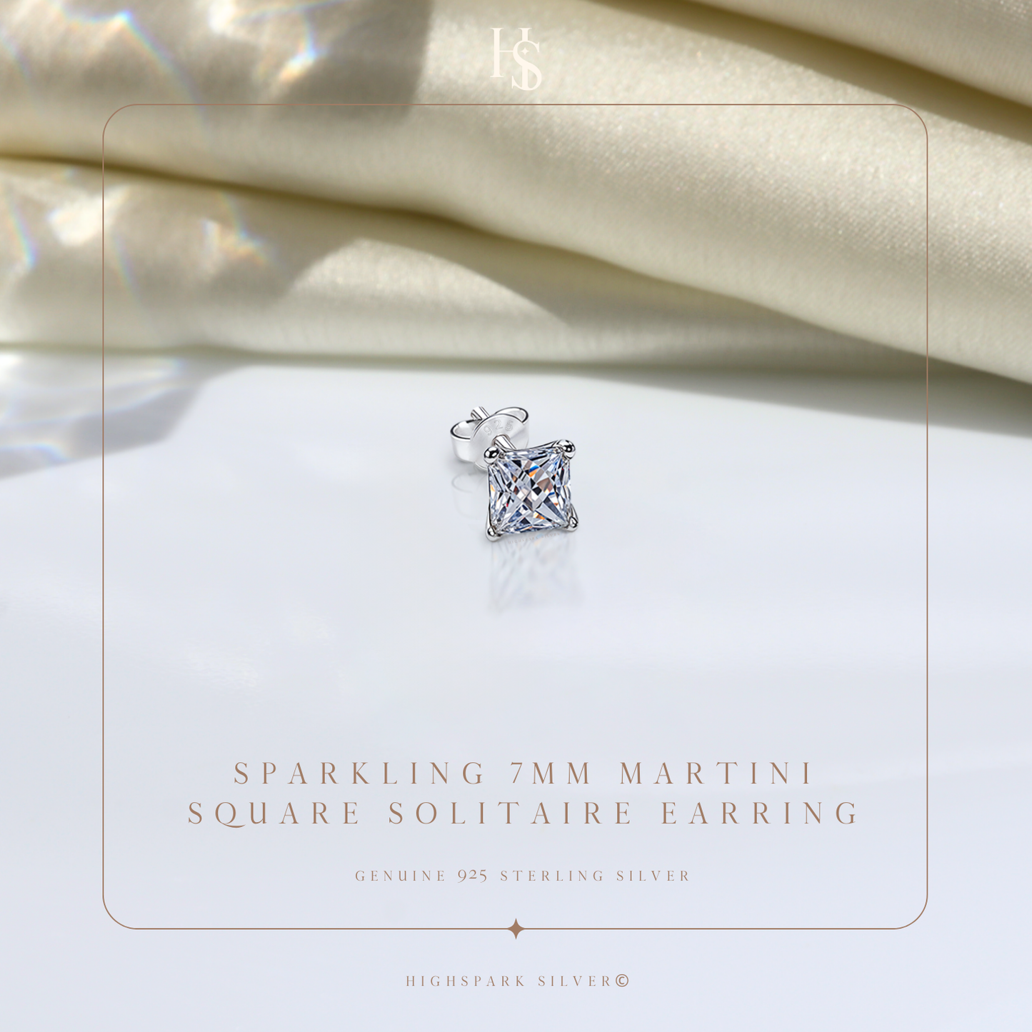 A single sterling silver stud earring with a square-cut American diamond in a four-prong setting.