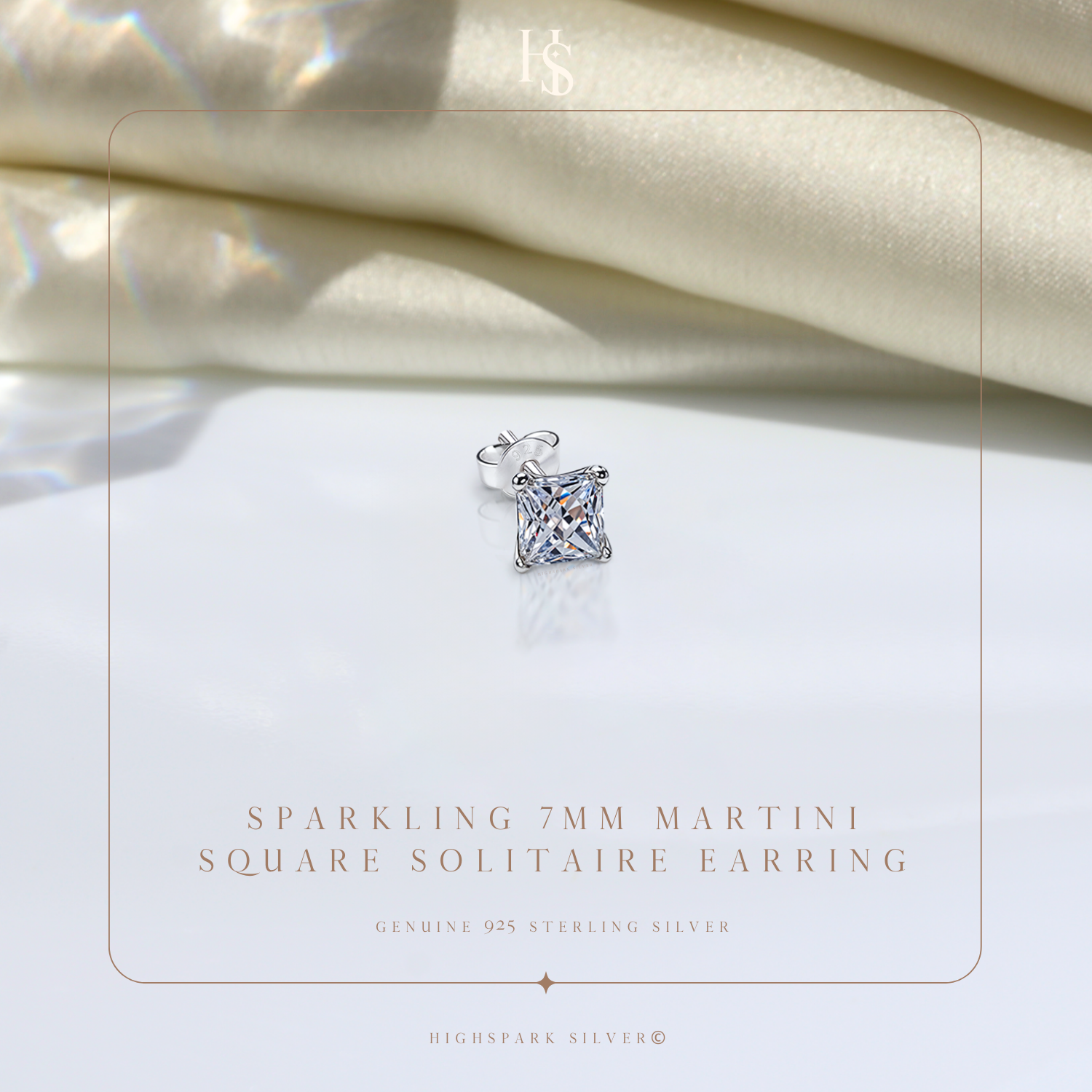 A single sterling silver stud earring with a square-cut American diamond in a four-prong setting.