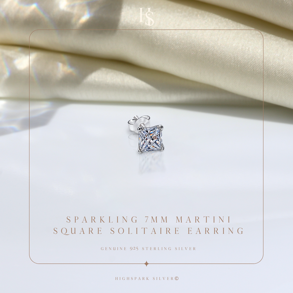 Sparkling 7MM Martini Square Solitaire Stud Earring in 925 Sterling Silver For Mens