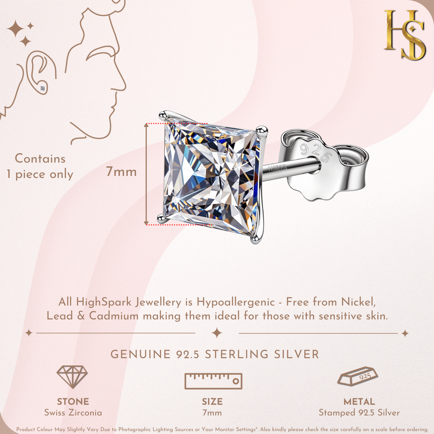 Infographic showing a single 7mm square solitaire stud earring with a four-prong setting and its 925 sterling silver push back.