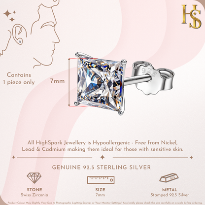 Infographic showing a single 7mm square solitaire stud earring with a four-prong setting and its 925 sterling silver push back.