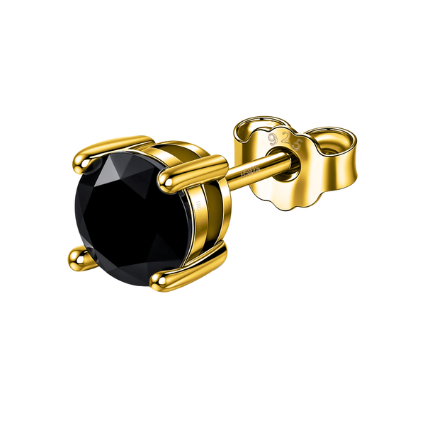 A single 6mm stud earring for men featuring a round black gemstone in a four-prong setting, crafted from gold-plated sterling silver.