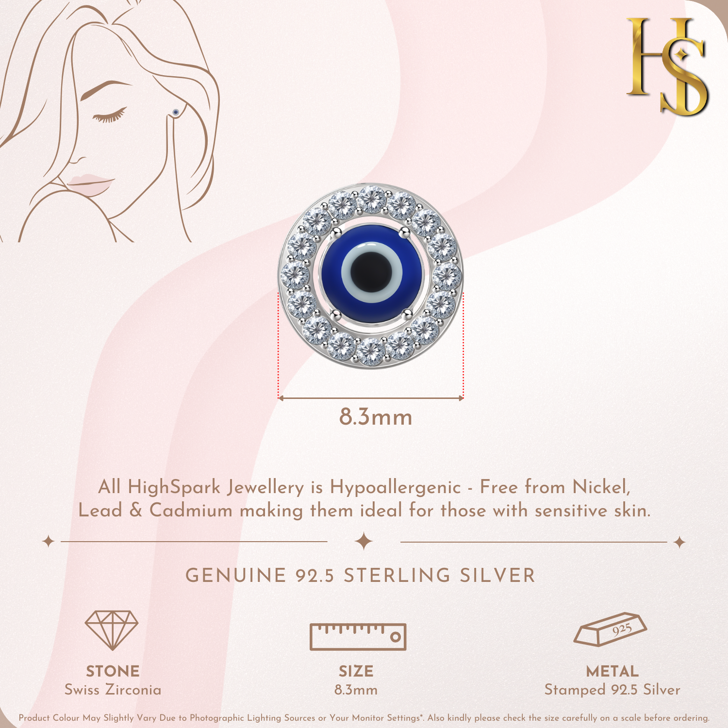 Infographic showing an evil eye stud earring with an American diamond halo, measuring 8.3mm in diameter and made of 925 sterling silver.