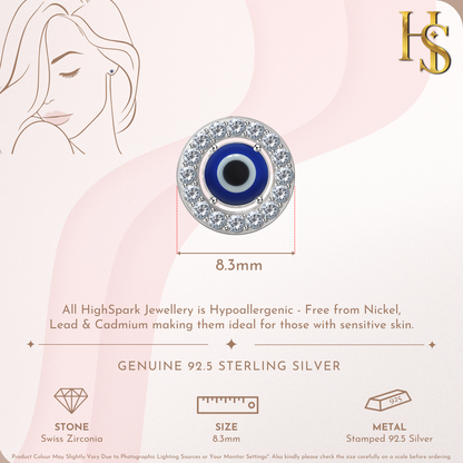 Infographic showing an evil eye stud earring with an American diamond halo, measuring 8.3mm in diameter and made of 925 sterling silver.