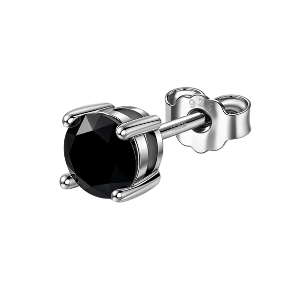 A single solitaire stud earring with a round, faceted black stone in a four-prong sterling silver setting with a push back.