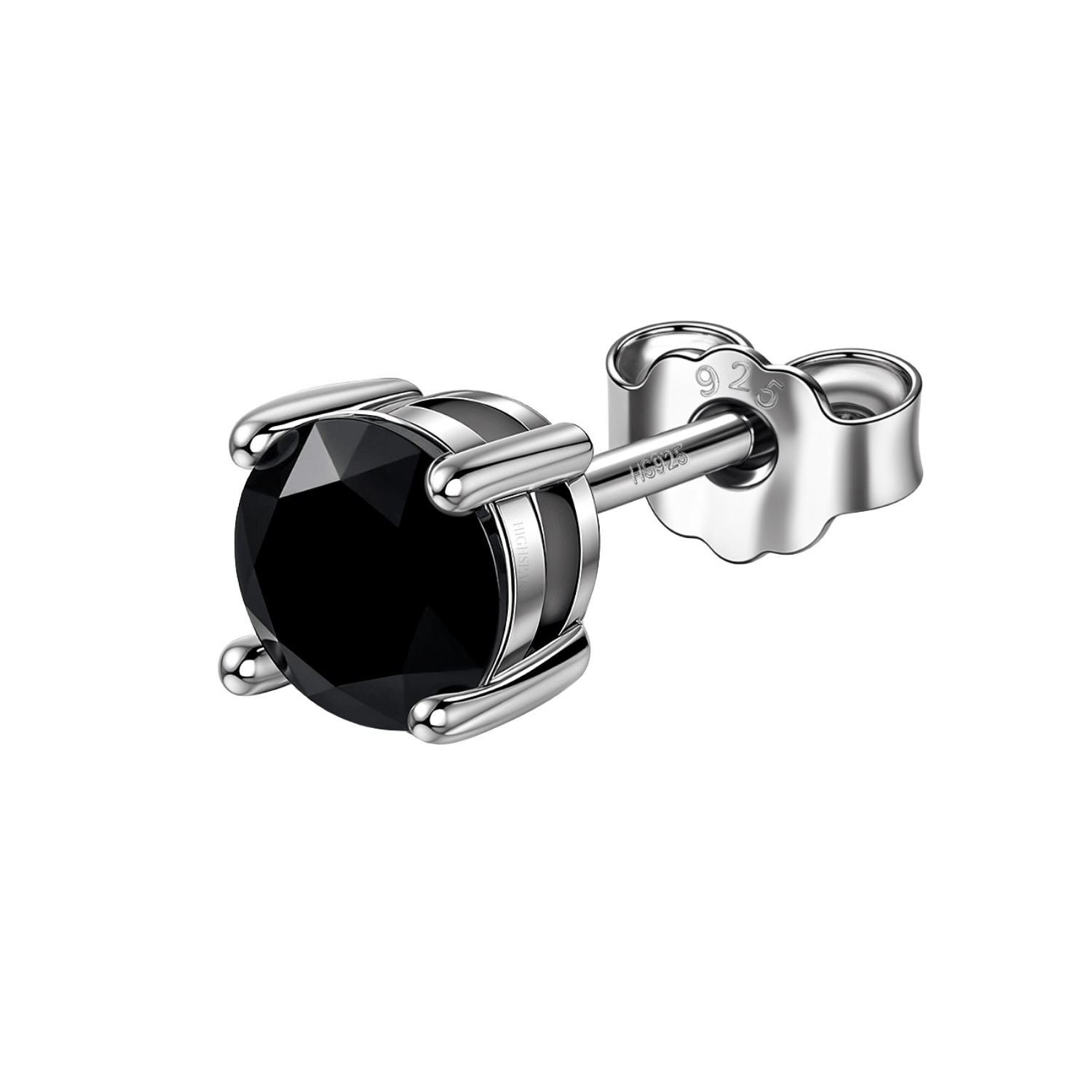 A single solitaire stud earring with a round, faceted black stone in a four-prong sterling silver setting with a push back.