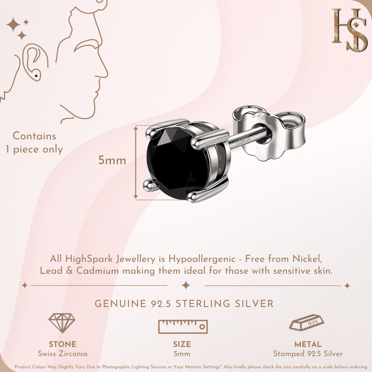 Infographic for a single stud earring with a round black stone in a four-prong sterling silver setting, showing its 5mm size and features.