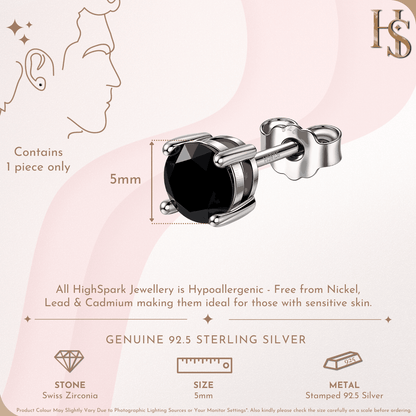 Infographic for a single stud earring with a round black stone in a four-prong sterling silver setting, showing its 5mm size and features.