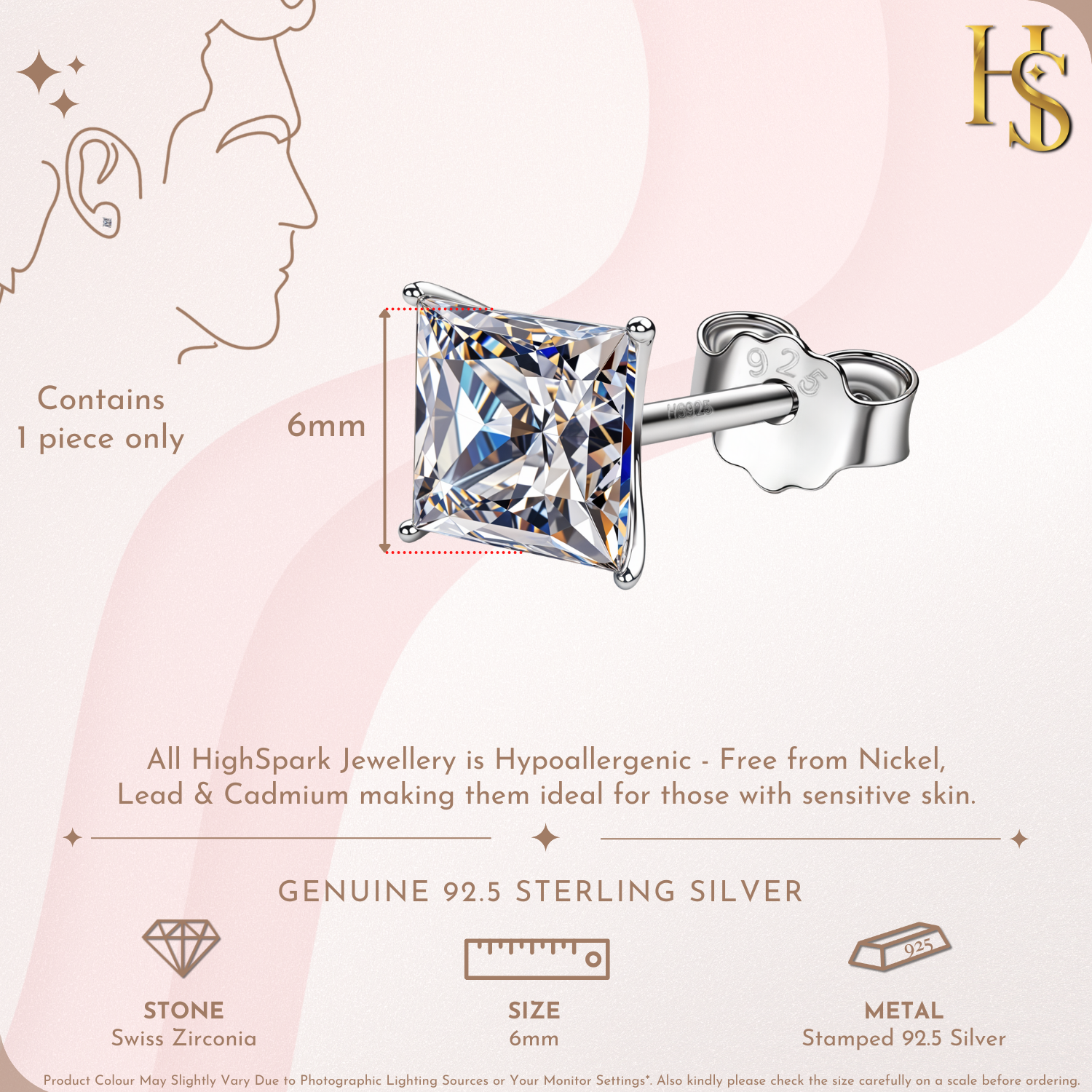 Sparkling Martini 6MM Square Solitaire Stud Earring in 295 Sterling Silver for Men HighSpark