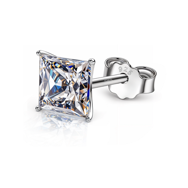 A single stud earring for men features a square-cut American diamond in a four-prong setting, crafted from 925 sterling silver.