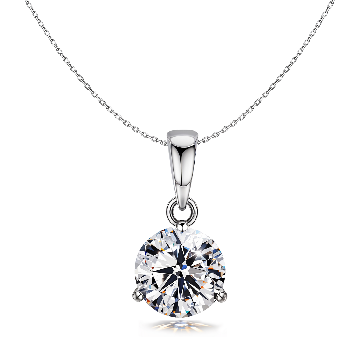 A solitaire pendant necklace with a round American diamond in a four-prong setting on a sterling silver chain, shown on a white background.