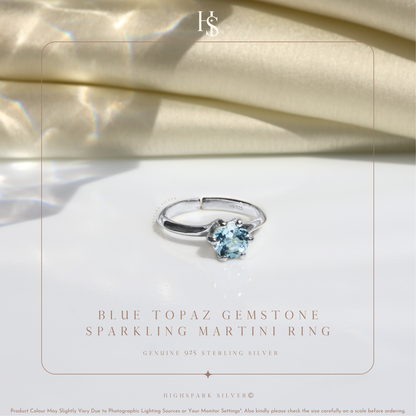 Sparkling Martini Solitaire Ring in 92.5 Sterling Silver Embellished With Blue Topaz Zirconia HighSpark