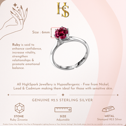 Sparkling Martini Solitaire Ring in 92.5 Sterling Silver Embellished With Ruby Zirconia HighSpark