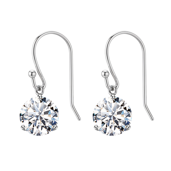 A pair of sterling silver drop earrings with fish hook closures, each featuring a large, round-cut American diamond in a prong setting.