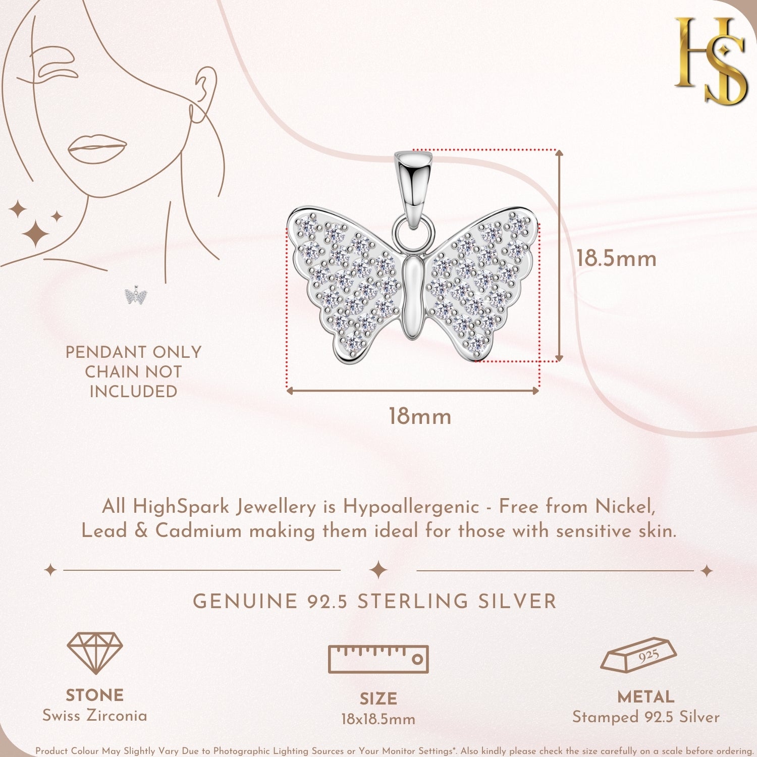 Infographic showing the dimensions and features of a sterling silver butterfly pendant with pavé-set American diamonds.