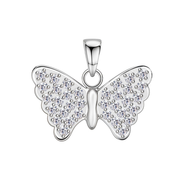 A sterling silver butterfly pendant with wings fully paved with round American diamonds, shown on a white background.
