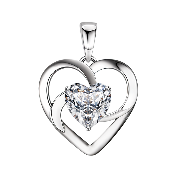 A sterling silver heart pendant with a swirling openwork frame holds a central heart-shaped American diamond in a three-prong setting.
