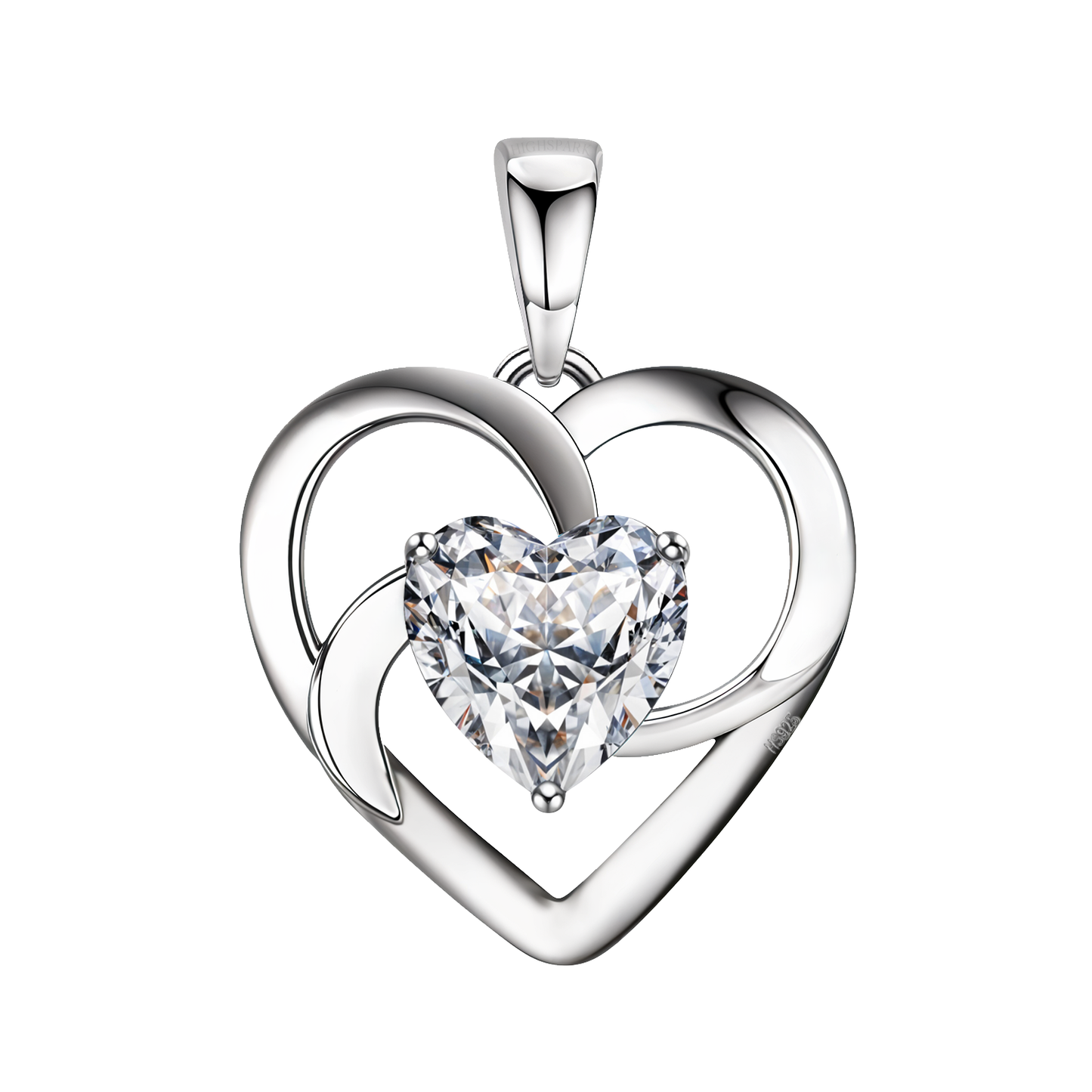 A sterling silver heart pendant with a swirling openwork frame holds a central heart-shaped American diamond in a three-prong setting.