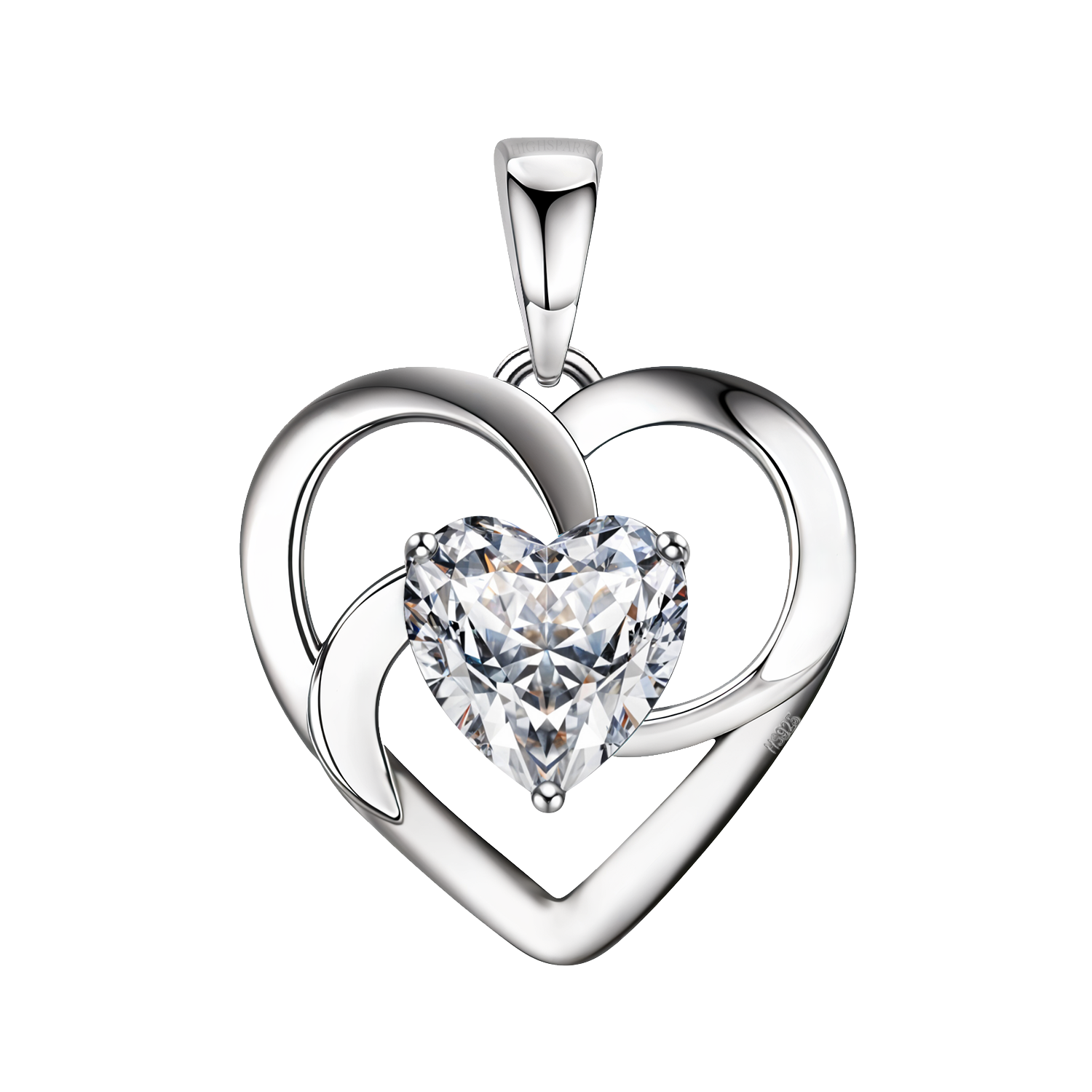 A sterling silver heart pendant with a swirling openwork frame holds a central heart-shaped American diamond in a three-prong setting.
