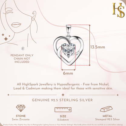 Infographic showing the dimensions of a sterling silver heart pendant with a central.
