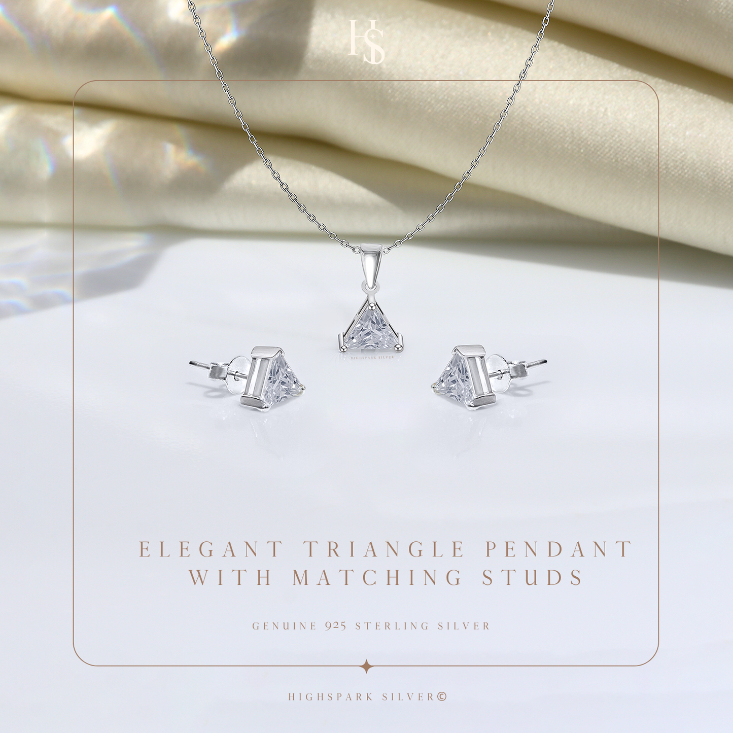 Sparkling Triangular Solitaire Earrings, Pendant & Chain Set in 92.5 Sterling Silver With Diamond like Brilliance Zirconia HighSpark