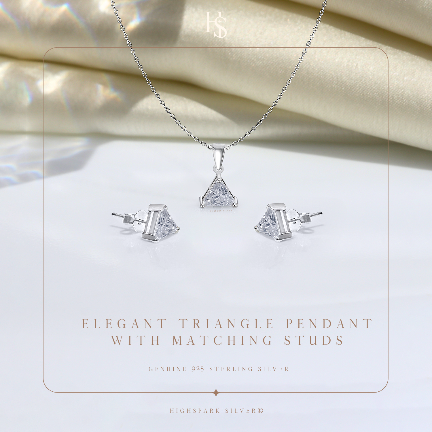 Sparkling Triangular Solitaire Earrings, Pendant & Chain Set in 92.5 Sterling Silver With Diamond like Brilliance Zirconia HighSpark