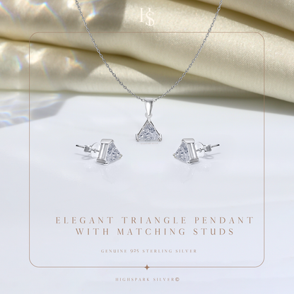 Sparkling Triangular Solitaire Earrings, Pendant & Chain Set in 92.5 Sterling Silver With Diamond like Brilliance Zirconia HighSpark
