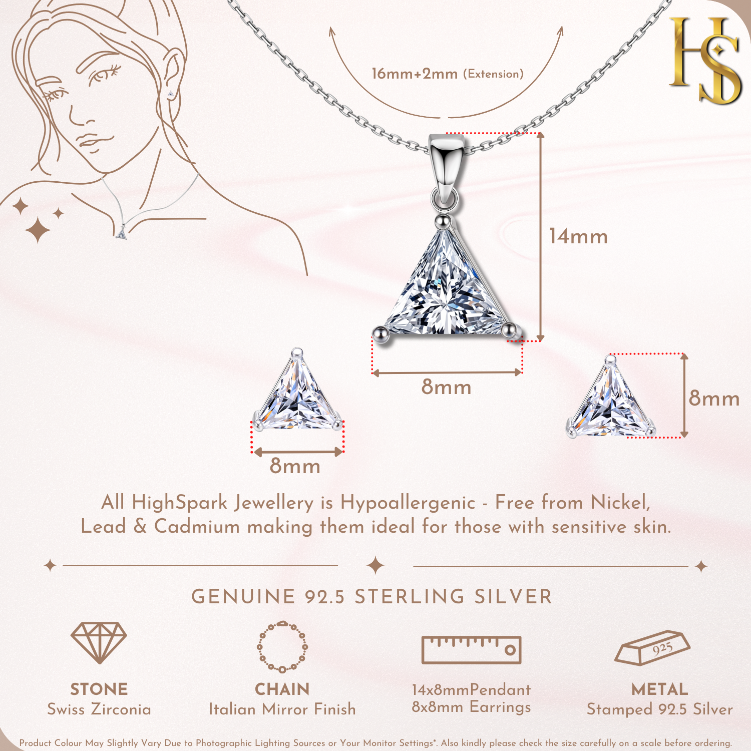 Sparkling Triangular Solitaire Earrings, Pendant & Chain Set in 92.5 Sterling Silver With Diamond like Brilliance Zirconia HighSpark