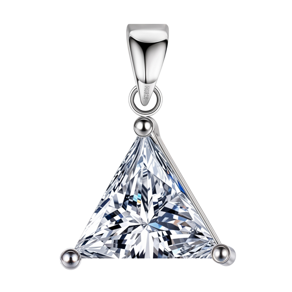 A sterling silver pendant featuring a large, triangle-cut American diamond held in a three-prong setting, on a white background.