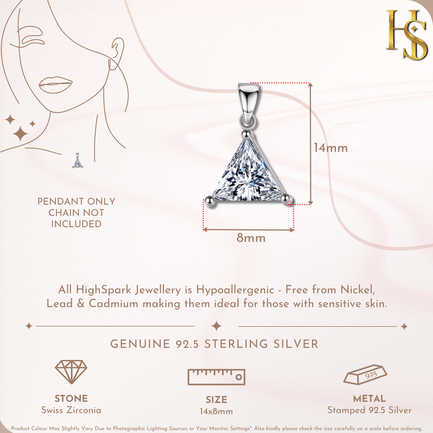 Sparkling Triangular Solitaire Pendant in 92.5 Sterling Silver With Diamond like Brilliance Zirconia HighSpark