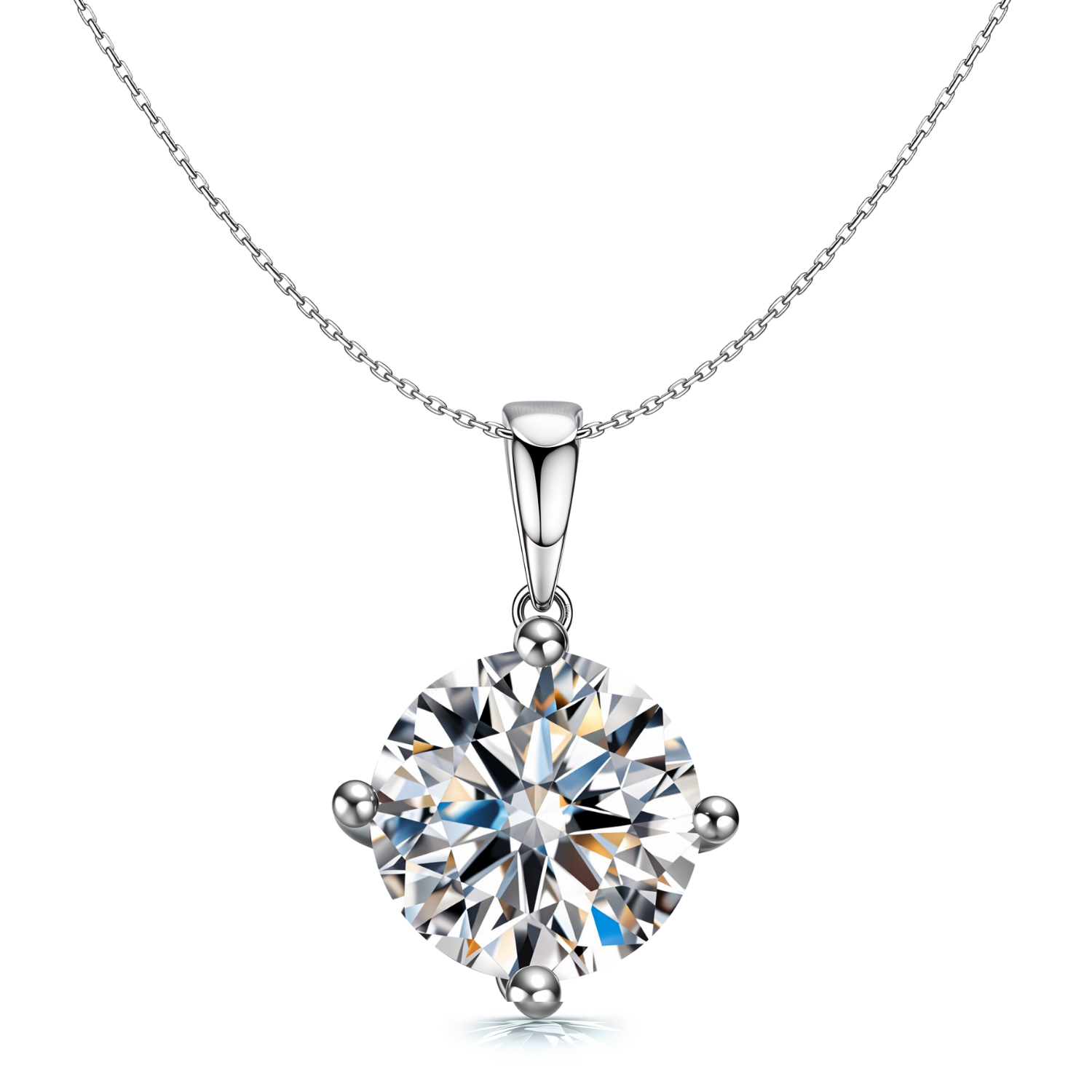 A solitaire pendant necklace with a large, round-cut American diamond in a four-prong setting on a sterling silver chain.