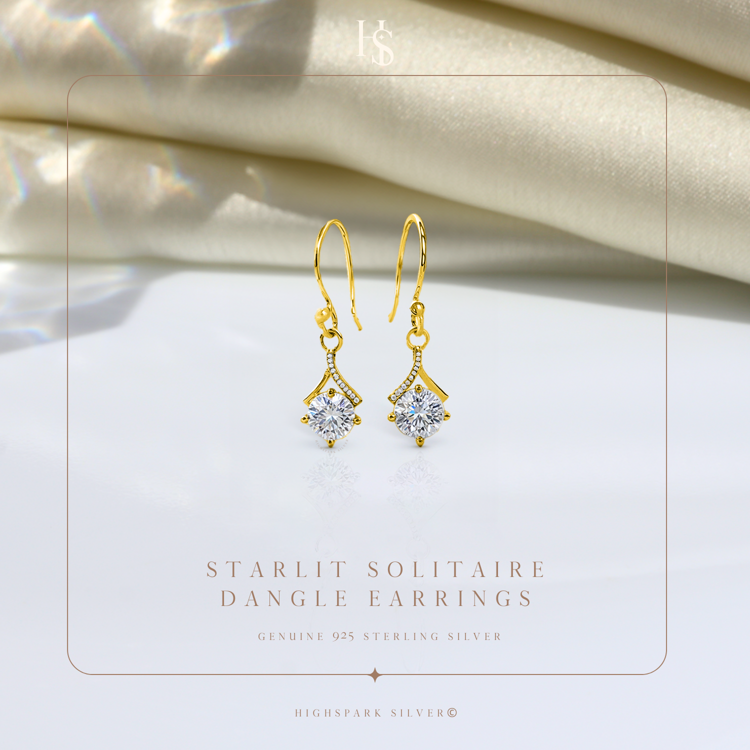 Starlit Solitaire Dangle Earring in 925 Sterling Silver with 18k Gold Finish For Women HighSpark