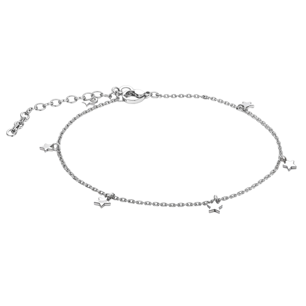 A sterling silver anklet with a delicate chain and multiple dangling star charms, shown on a plain white background.