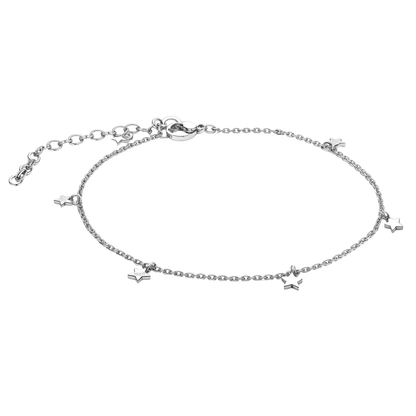 A sterling silver anklet with a delicate chain and multiple dangling star charms, shown on a plain white background.