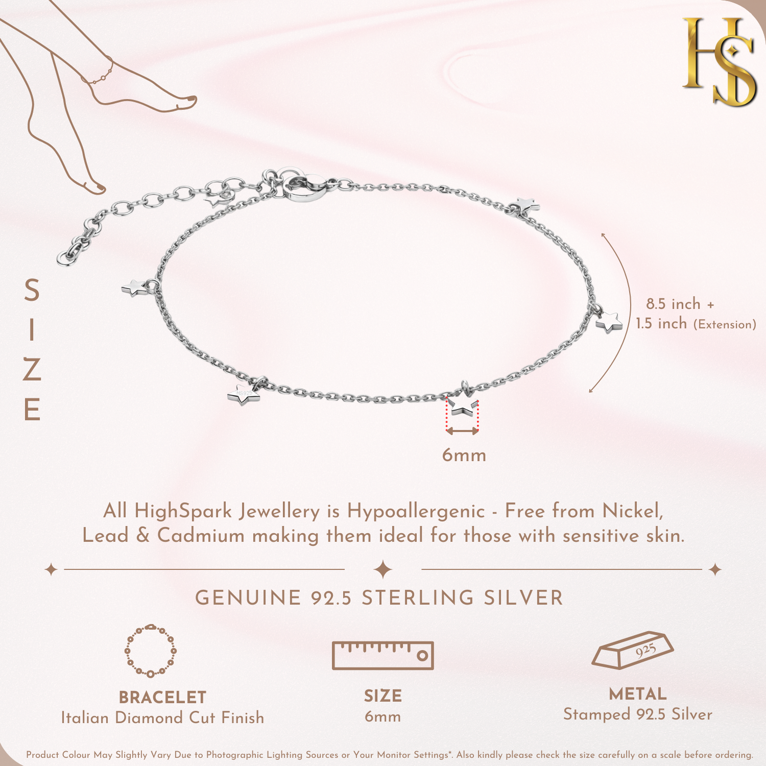 Infographic showing the dimensions of a sterling silver anklet with star charms, measuring 8.5 inches with a 1.5-inch extension.