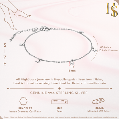 Infographic showing the dimensions of a sterling silver anklet with star charms, measuring 8.5 inches with a 1.5-inch extension.