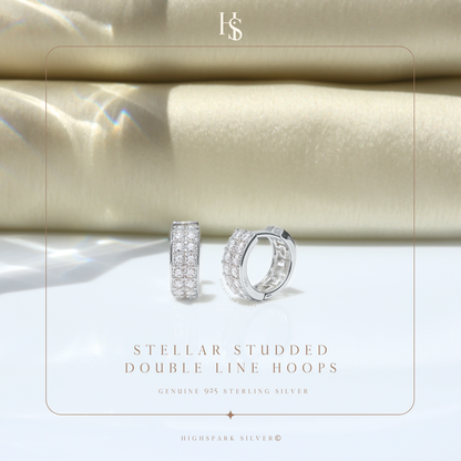 Stellar Double Line Studded Hoop Earrings in 925 Sterling Silver with Diamond like Brilliance Zirconia HighSpark