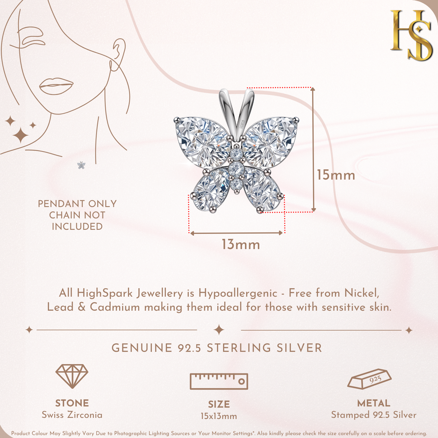 Studded Butterfly Solitaire Pendant in 92.5 Sterling Silver With Diamond like Brilliance Zirconia HighSpark