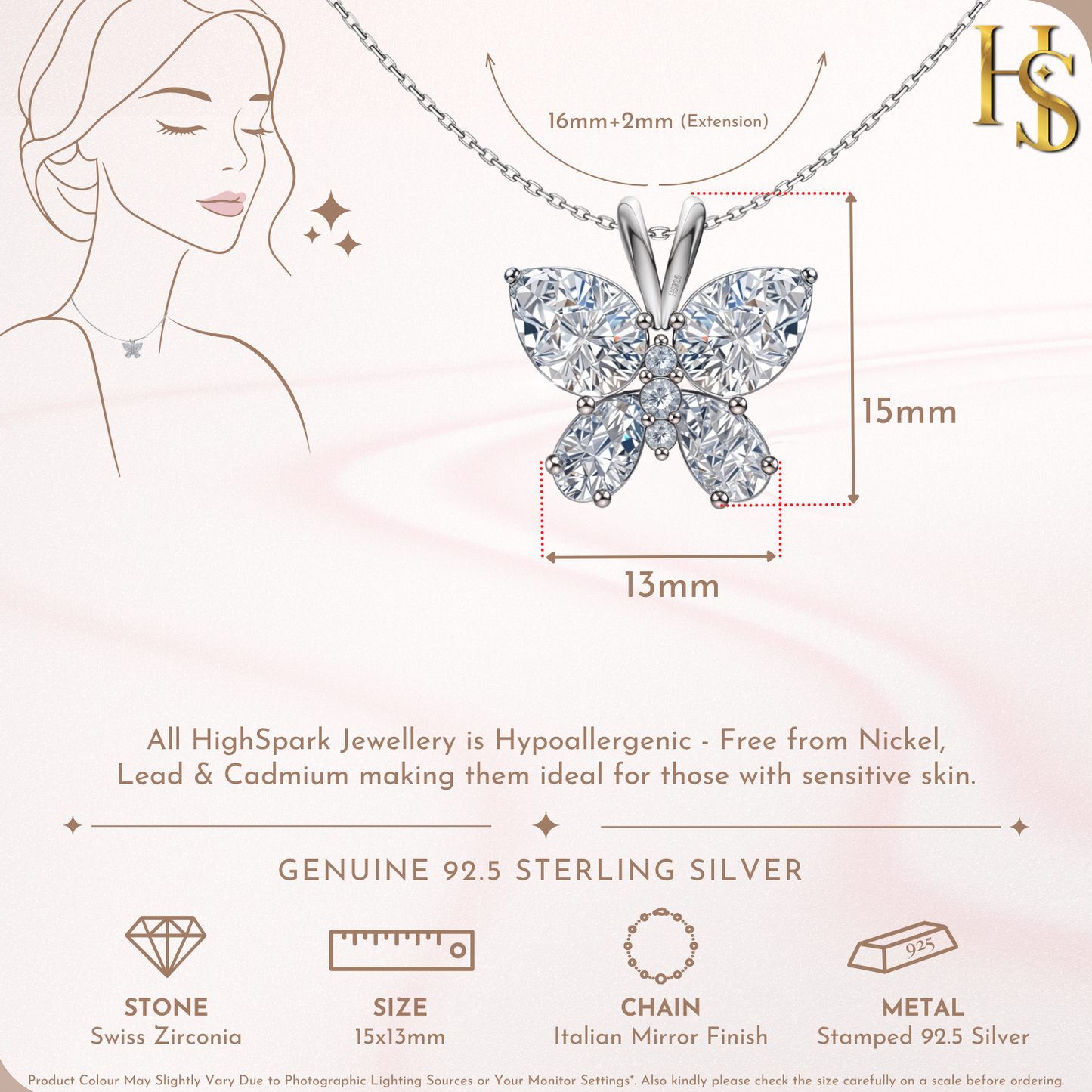 Studded Butterfly Solitaire Pendant in 92.5 Sterling Silver With Diamond like Brilliance Zirconia HighSpark