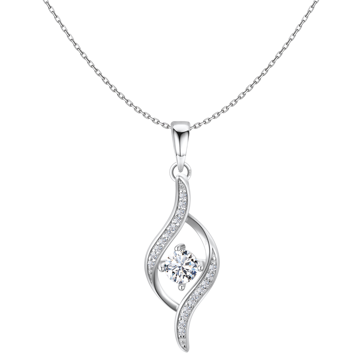 A sterling silver pendant necklace with a swirling dew drop design, featuring a central round American diamond and pavé-set accents.