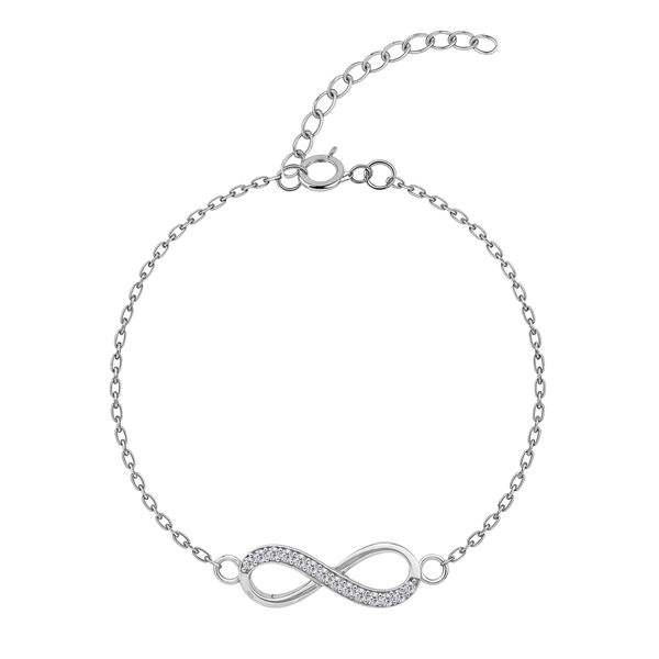 An adjustable sterling silver bracelet with a central infinity symbol, half-paved with American diamonds, on a plain white background.