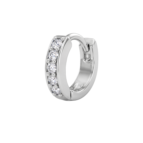 A sterling silver clicker hoop nose ring with a row of five round American diamonds in a channel setting, shown on a white background.