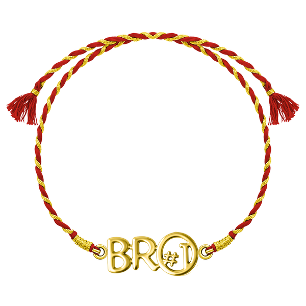 A 925 sterling silver rakhi for brother with a gold-plated 'Bro #1' hashtag motif on a braided red and gold thread.